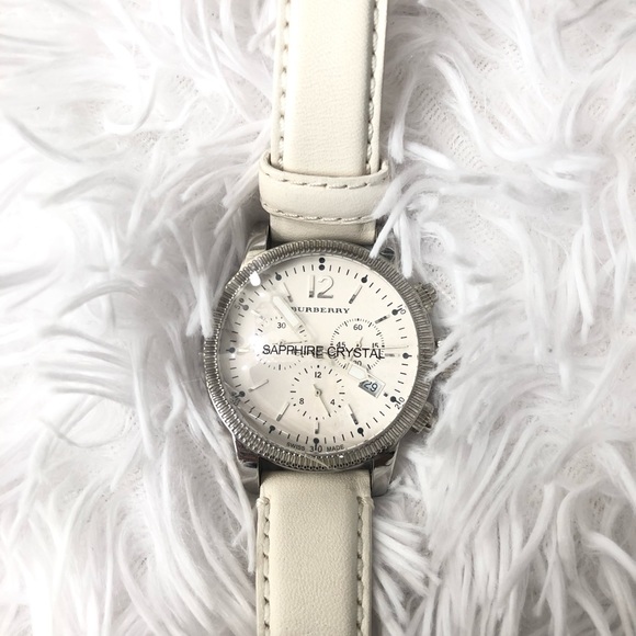 🚫SOLD🚫White Burberry Chronograph Watch White Leather - Picture 2 of 8